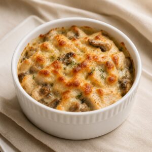 Julienne mit Hühnerfleisch und Champignons